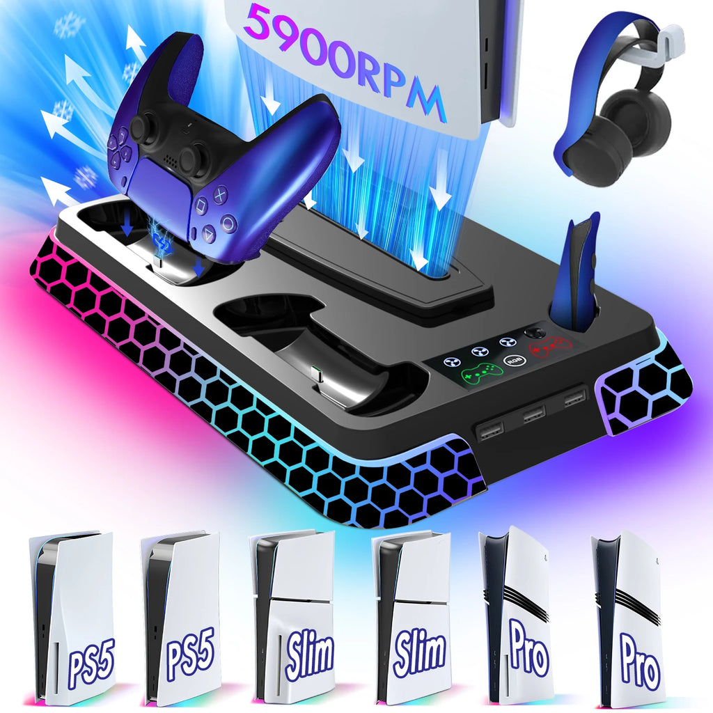 All-In-One Cooling Stand Base for PS5/PS5 Slim/Ps5 Pro Model: YH66S with RGB Lighting Effects, Storage Function and Controller
