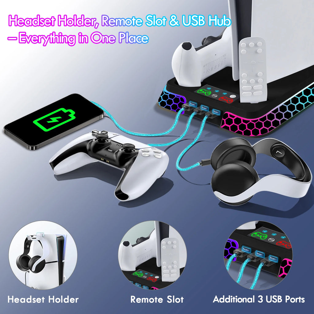 All-In-One Cooling Stand Base for PS5/PS5 Slim/Ps5 Pro Model: YH66S with RGB Lighting Effects, Storage Function and Controller