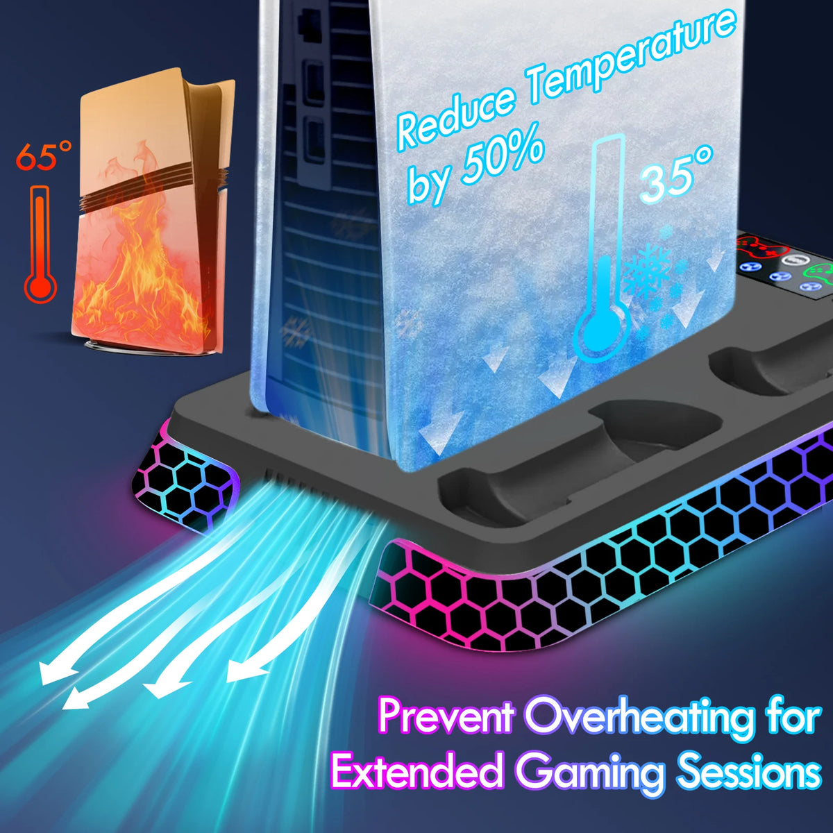 All-In-One Cooling Stand Base for PS5/PS5 Slim/Ps5 Pro Model: YH66S with RGB Lighting Effects, Storage Function and Controller