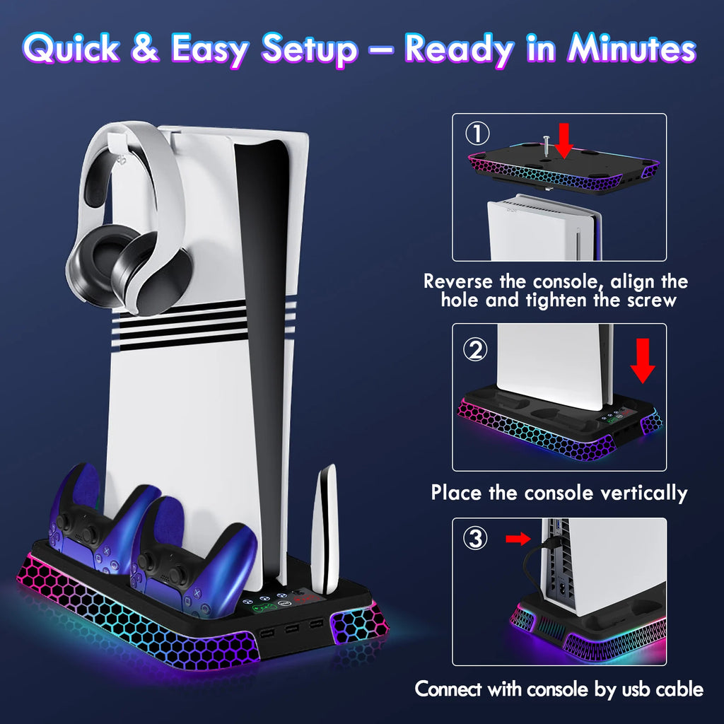 All-In-One Cooling Stand Base for PS5/PS5 Slim/Ps5 Pro Model: YH66S with RGB Lighting Effects, Storage Function and Controller