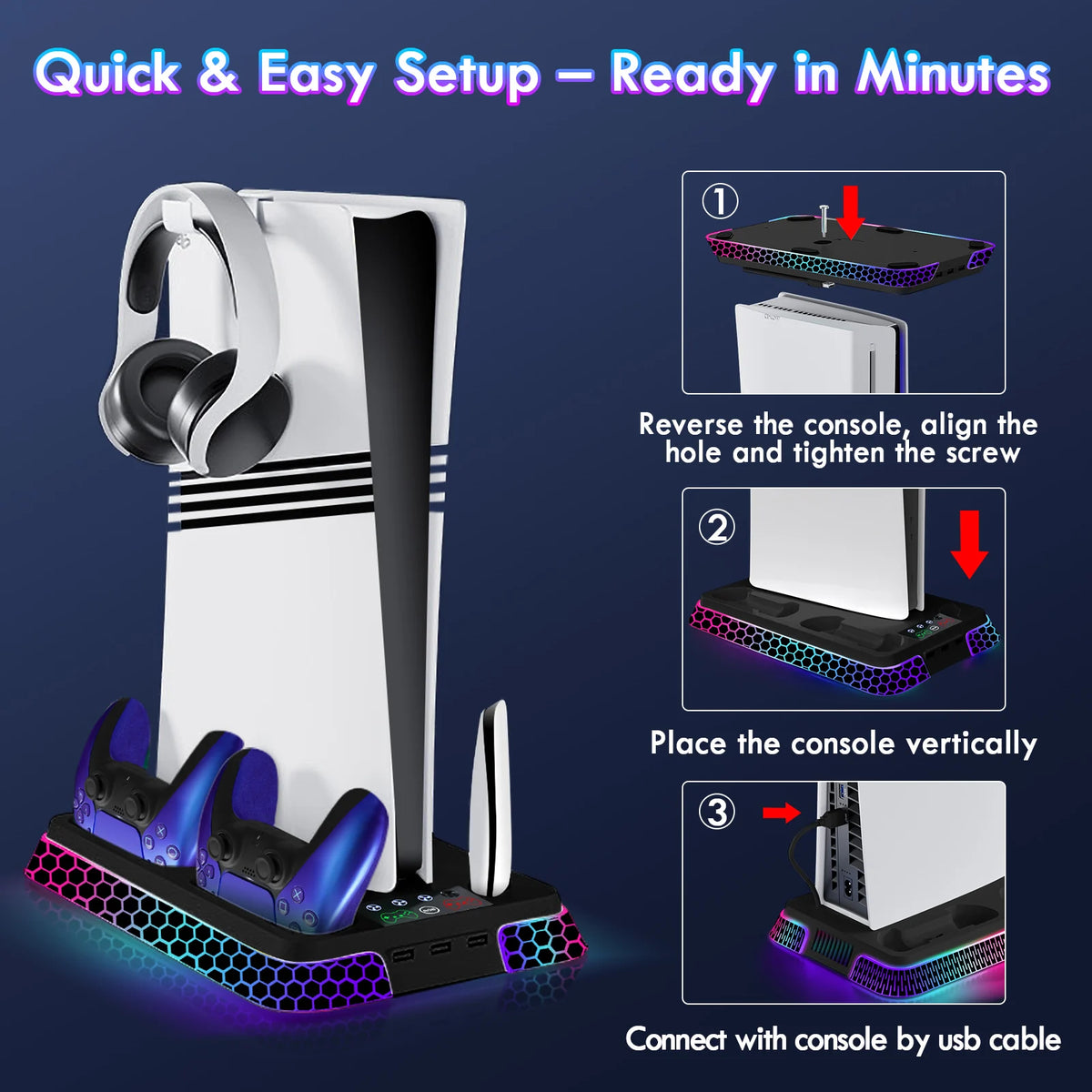 All-In-One Cooling Stand Base for PS5/PS5 Slim/Ps5 Pro Model: YH66S with RGB Lighting Effects, Storage Function and Controller